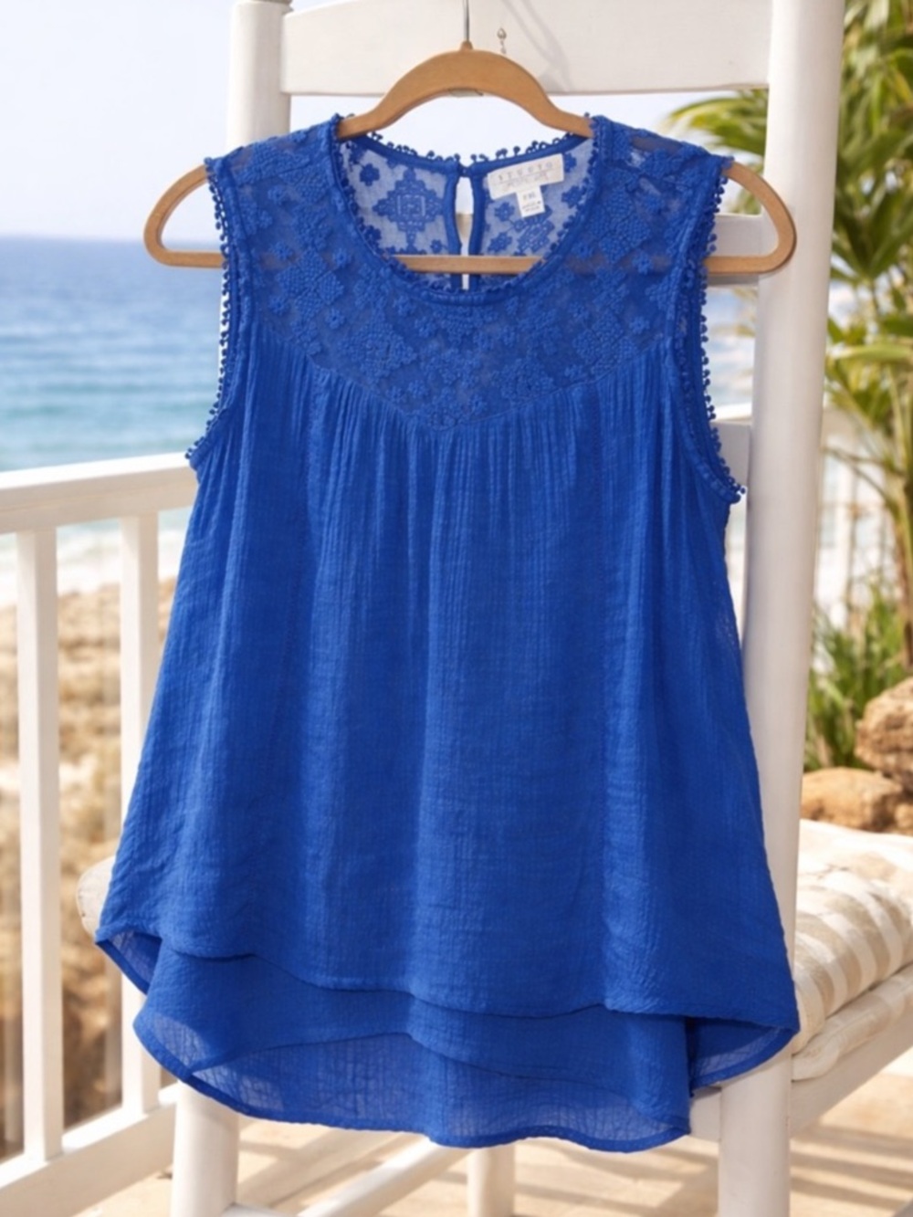 Vintage STUDIO PETITE JPR Blue Lace Gauze Tank PXL Layered Hem Coastal Boho